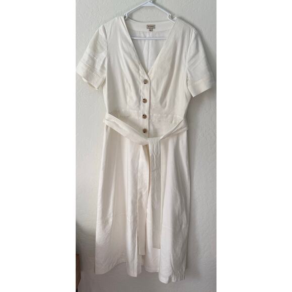 Cremieux White Button Down Short Sleeve Waist Tie Midi Linen Dress Size 6 - Picture 3 of 6